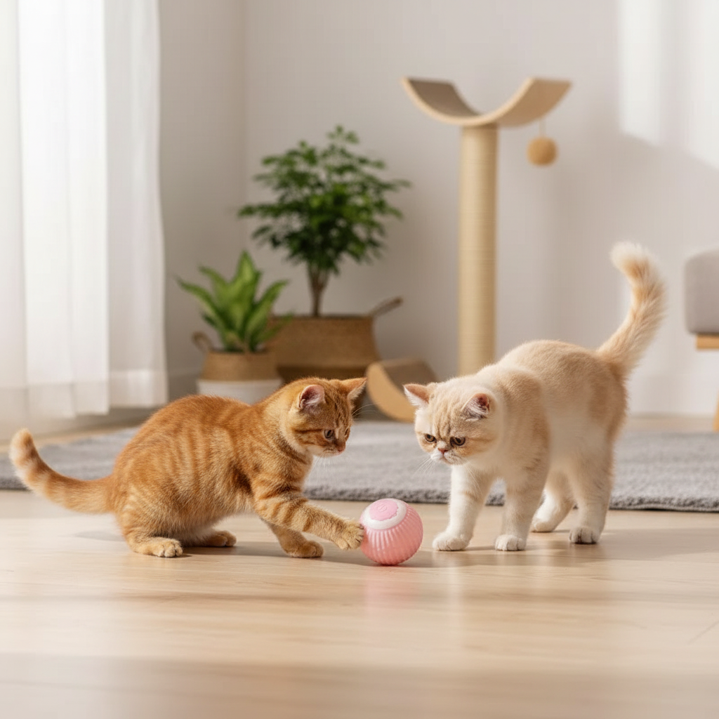 Balle rose avec deux chats