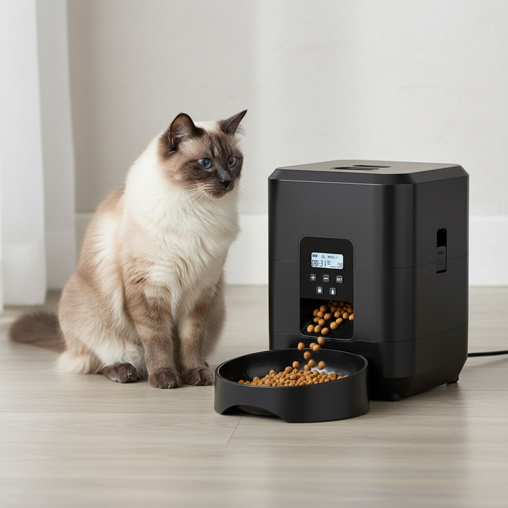 Chat attendant sa nourriture au distributeur automatique