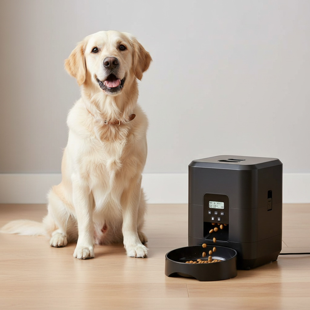 Chien attendant sa nourriture au distributeur automatique