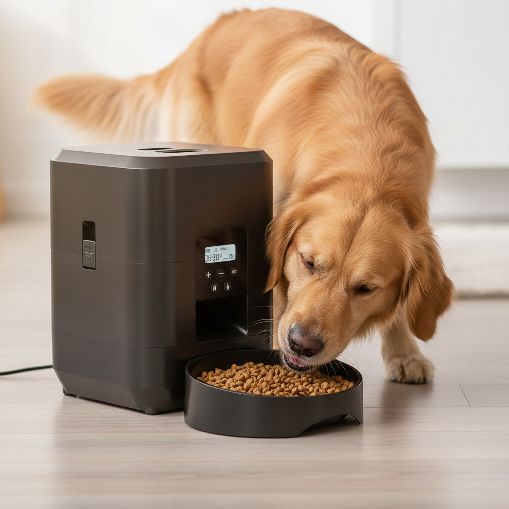 Chien mangeant au distributeur automatique