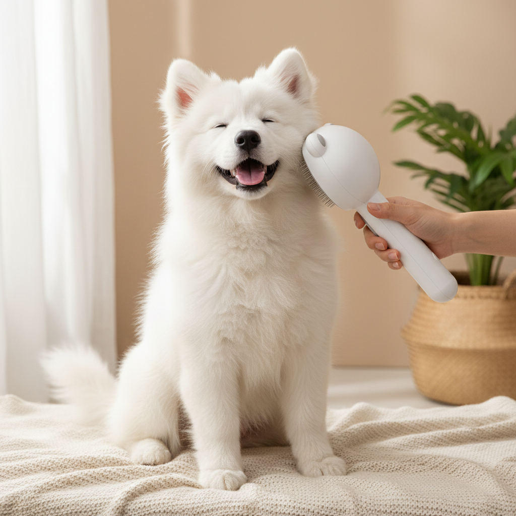 Chien se faisant brosser avec la brosse ours