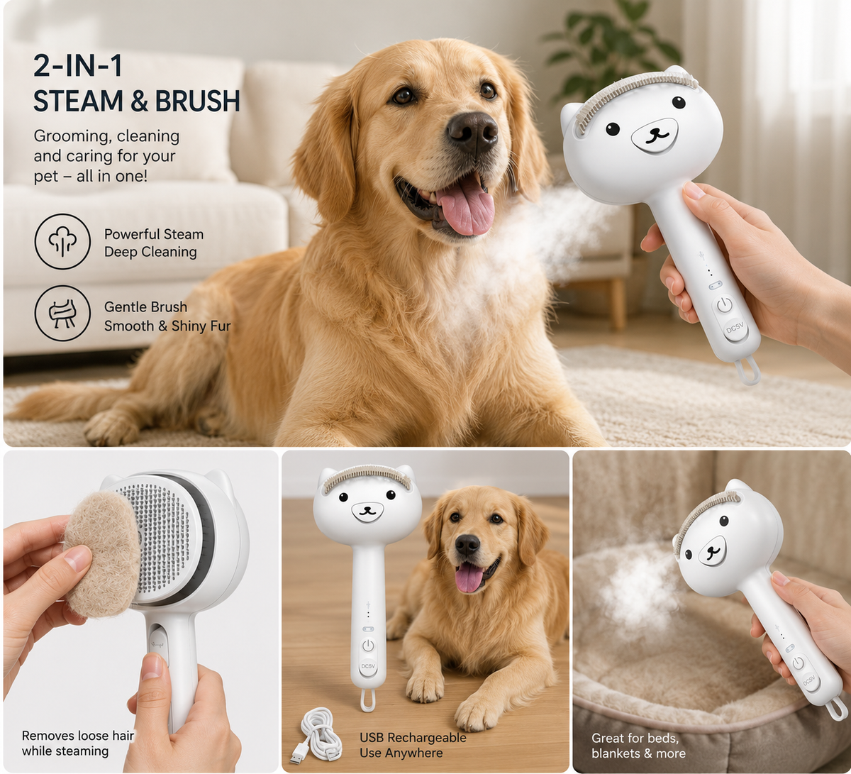 Steam Grooming Brush for Dogs & Cats
